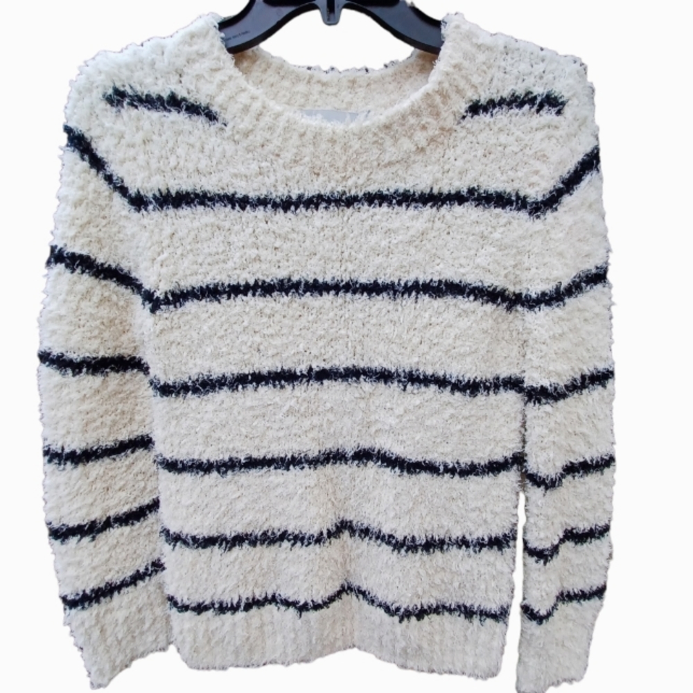 VINCE white with black stripes fuzzy cotton/ linen blend sweater sz XS